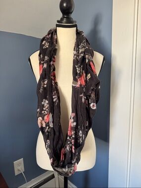 Floral Infinity Scarf - Warm Dark Gray with Pink Accents
